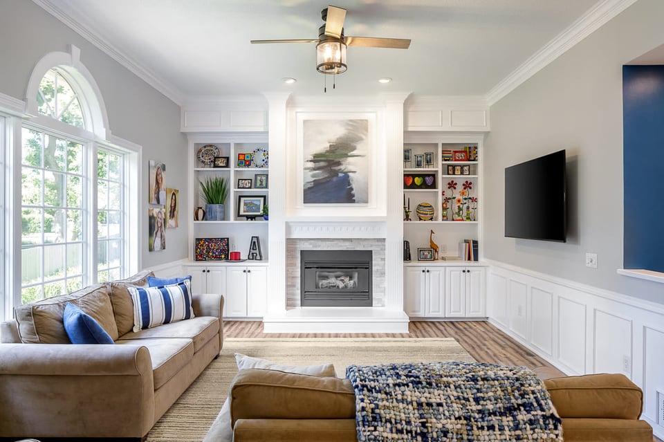 Living Room Sitting Area featuring Custom Built-In Shelving