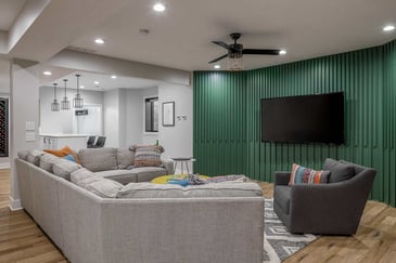 Wooden dining, floor and table in a basement