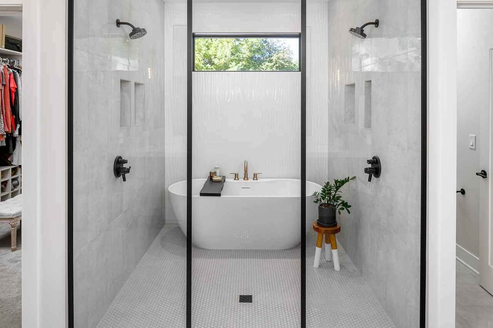 japanese bathroom layout with a soaking tub and two rain shower heads