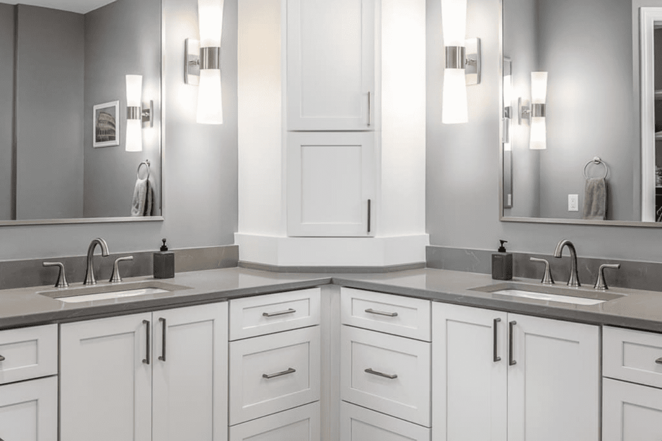 Double Vanity Sink with White Shelves | Compelling Homes