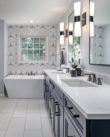 Art Deco Inspired Modern Bathroom with Double Sinks and Eye-Catching Wallpaper Behind Standalone Tub | Compelling Homes