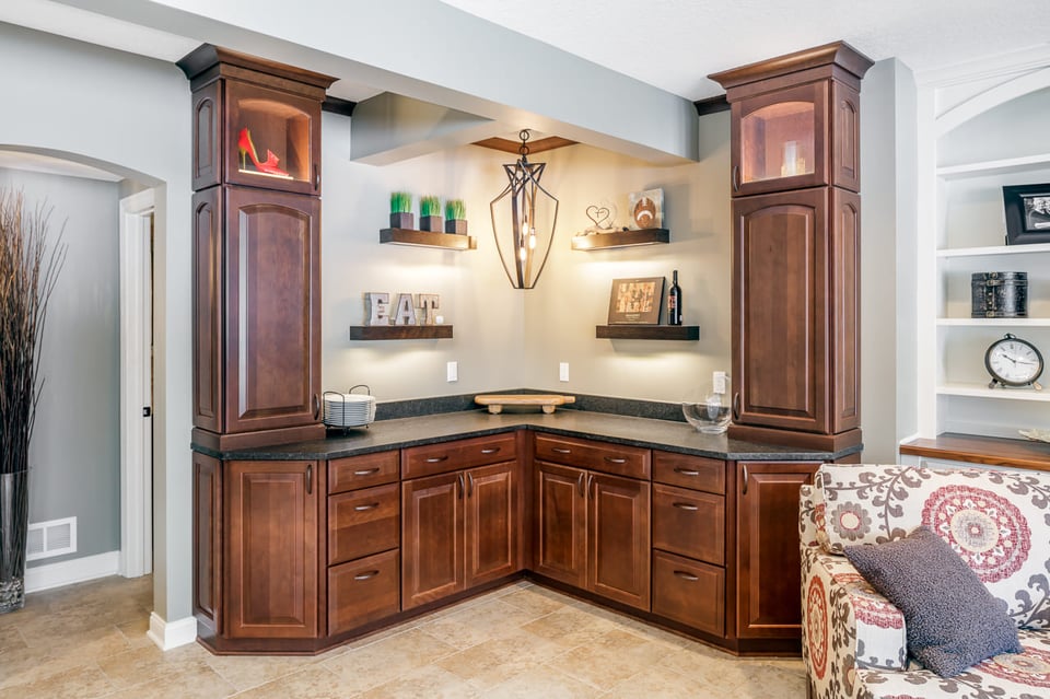 Custom Buffet Area for Enteratining in Walk Out Basement Remodel with Wine Bar | Compelling Homes Des Moines, IA