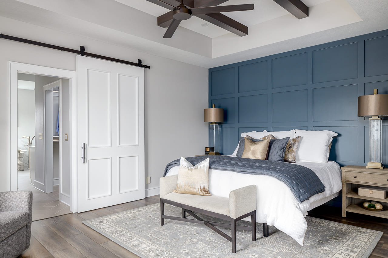 Primary Bedroom with Sliding Barn Doors into Primary Bathroom